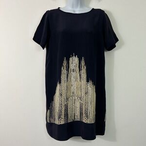 Label Ritu Kumar Navy Blue 100% Silk Sequin Cathedral Shift Dress Size 3 NWT